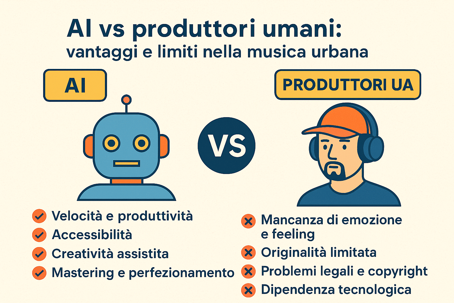immagine dove ci sono rappresentato e descritti tutti i pro e i contro della intelligenza artificiale nella musica contro un vero produttore musicale!